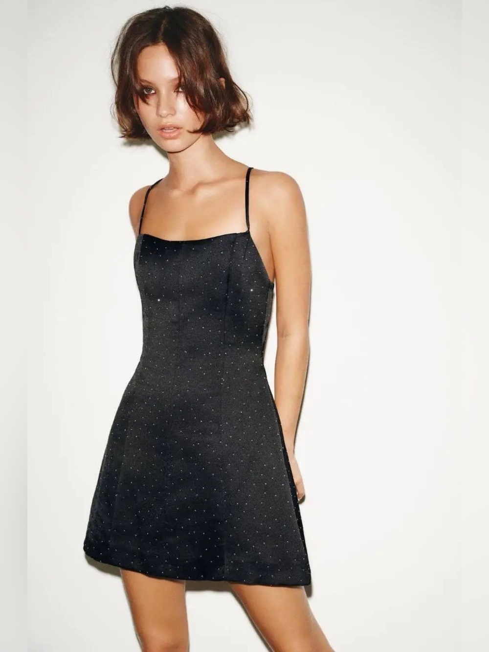 NWT. Zara Black Satin Effect Rhinestone Mini Dress. Size L.